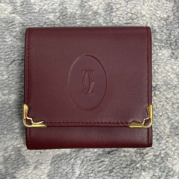 Cartier Burgundy Leather Mini Compact Wallet Pouch Must Line Square Coin Purse - Picture 1 of 17